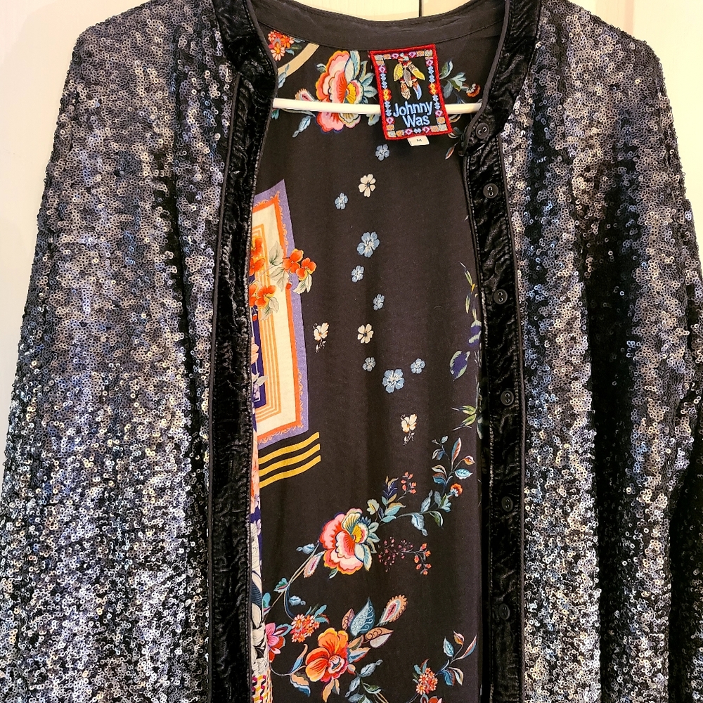 Johnny Was Sequin Black Silver M Shirt Jacket Cardigan Mobwife Casual Kimono - Picture 4 of 13